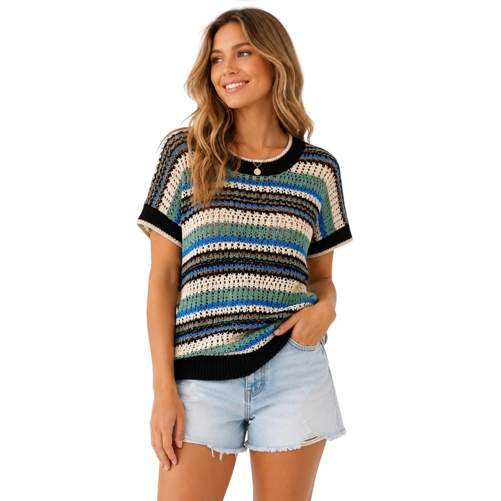 NWT BKE Resort Edit Striped Crochet Sweater Vest Top Large Multi CWR26030